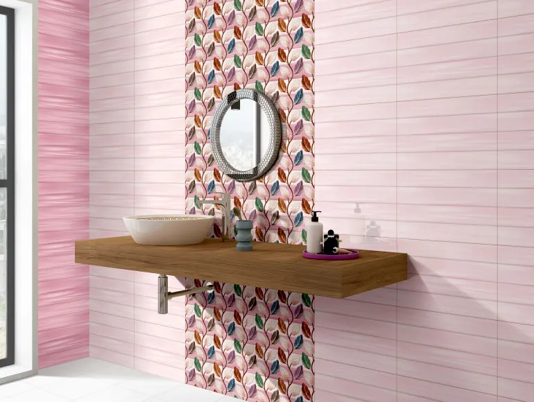 Stylish master bathroom design with pink leaf strips on the wall